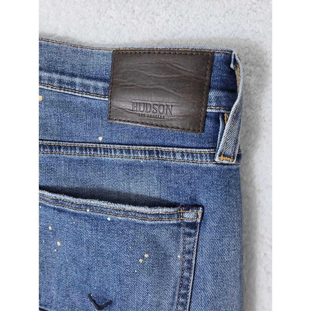 Hudson Zack Skinny Mens 33 Jeans Blue Paint Splatter Distressed Articulated Knee